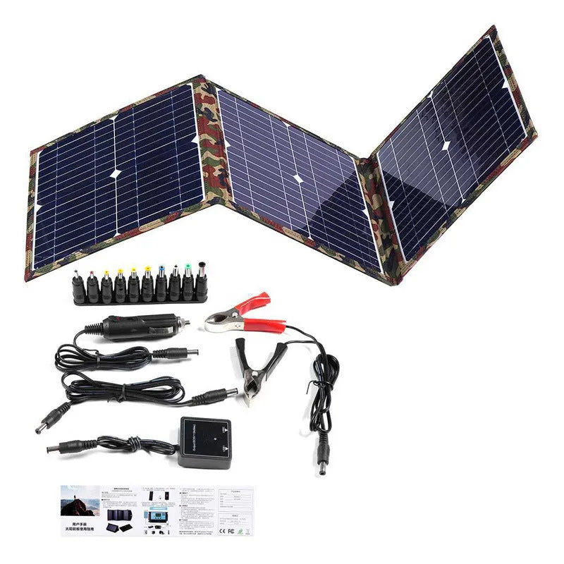Black foldable 36W portable solar panel unfolded, showing three solar cells and included charging accessories.