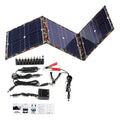 Black foldable 36W portable solar panel unfolded, showing three solar cells and included charging accessories.