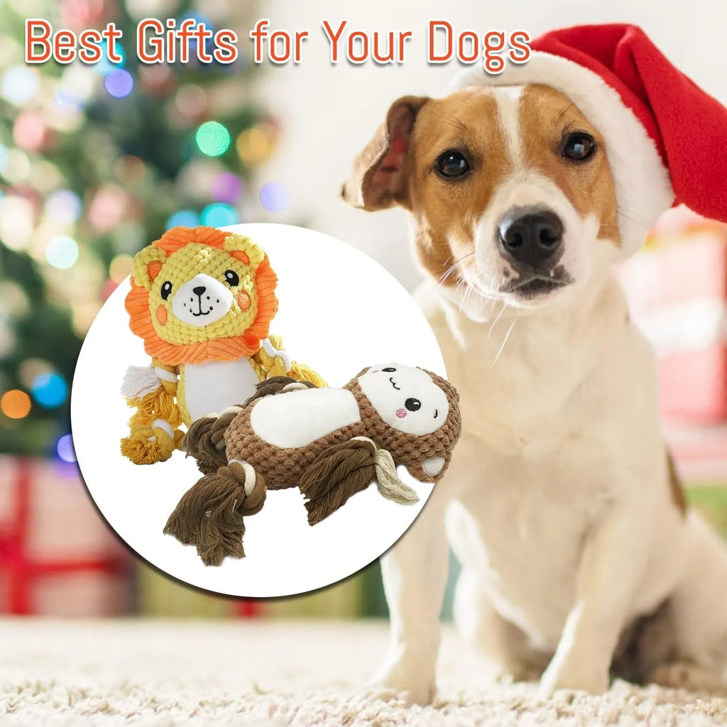 Lion and monkey plush squeaky dog toys bundle for medium large dogs