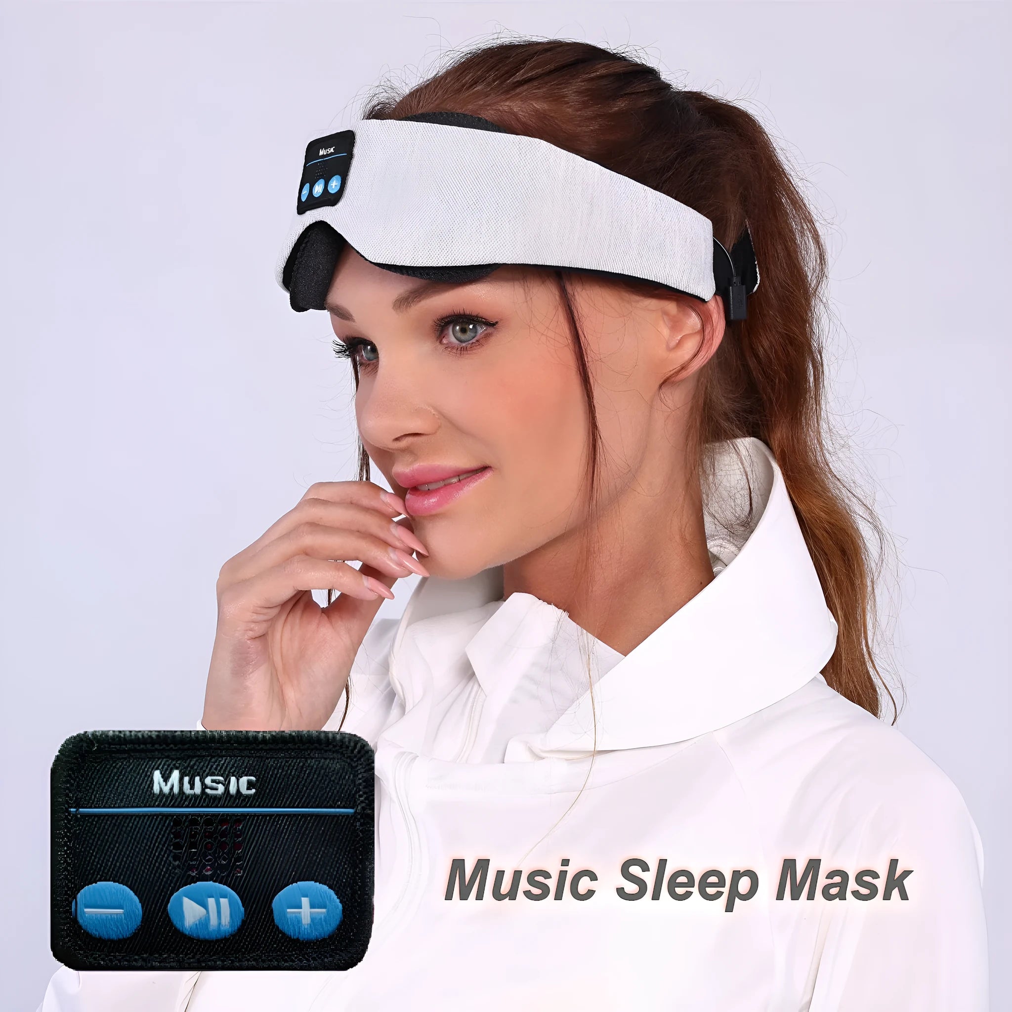 Grey polyester Bluetooth sleeping eye mask with adjustable straps