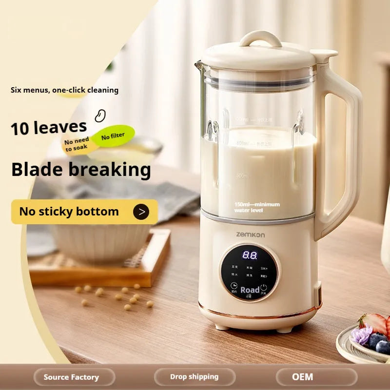 Automatic household soybean milk machine with glass body in milky white colour showing touch controls