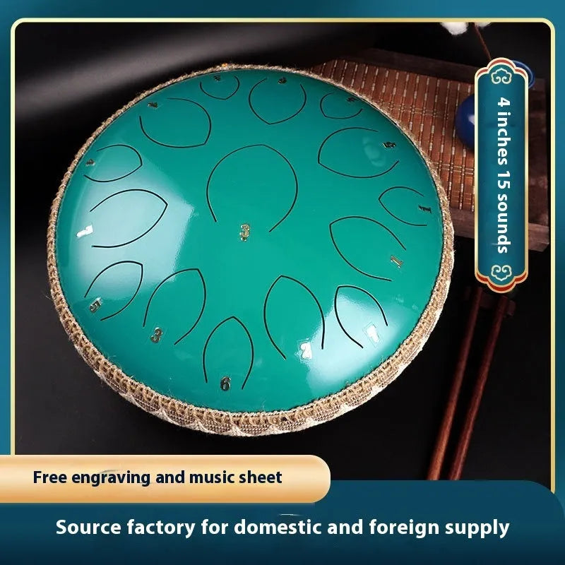 14-inch 15-tone hollow drum percussion instrument in malachite green finish on a wooden surface