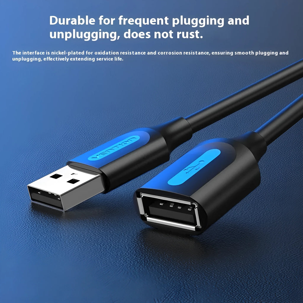 Black USB A male to AM extension cable with straight connectors on a white background.
