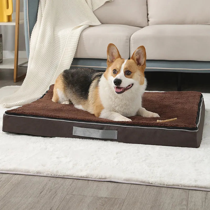 Removable washable memory sponge pet dog mat in brown, shown with size dimensions.