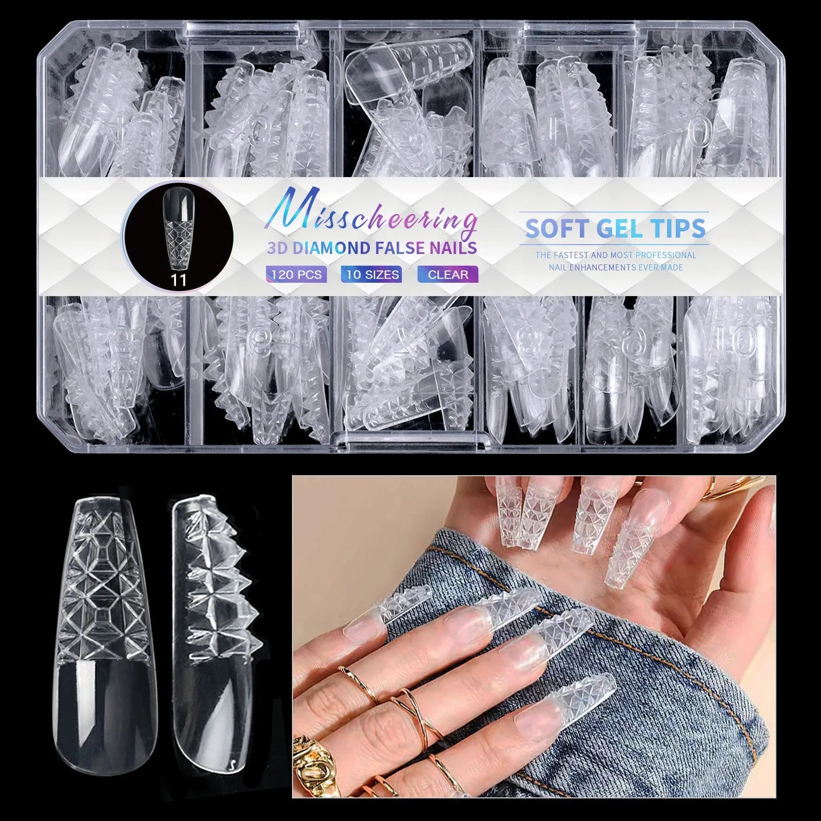 3D diamond pattern long nail tips in glitter colours for nail art enhancement