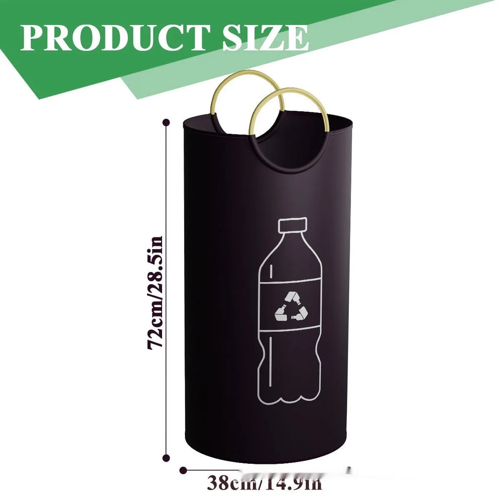 Round portable plastic trash can for office and outdoor use.