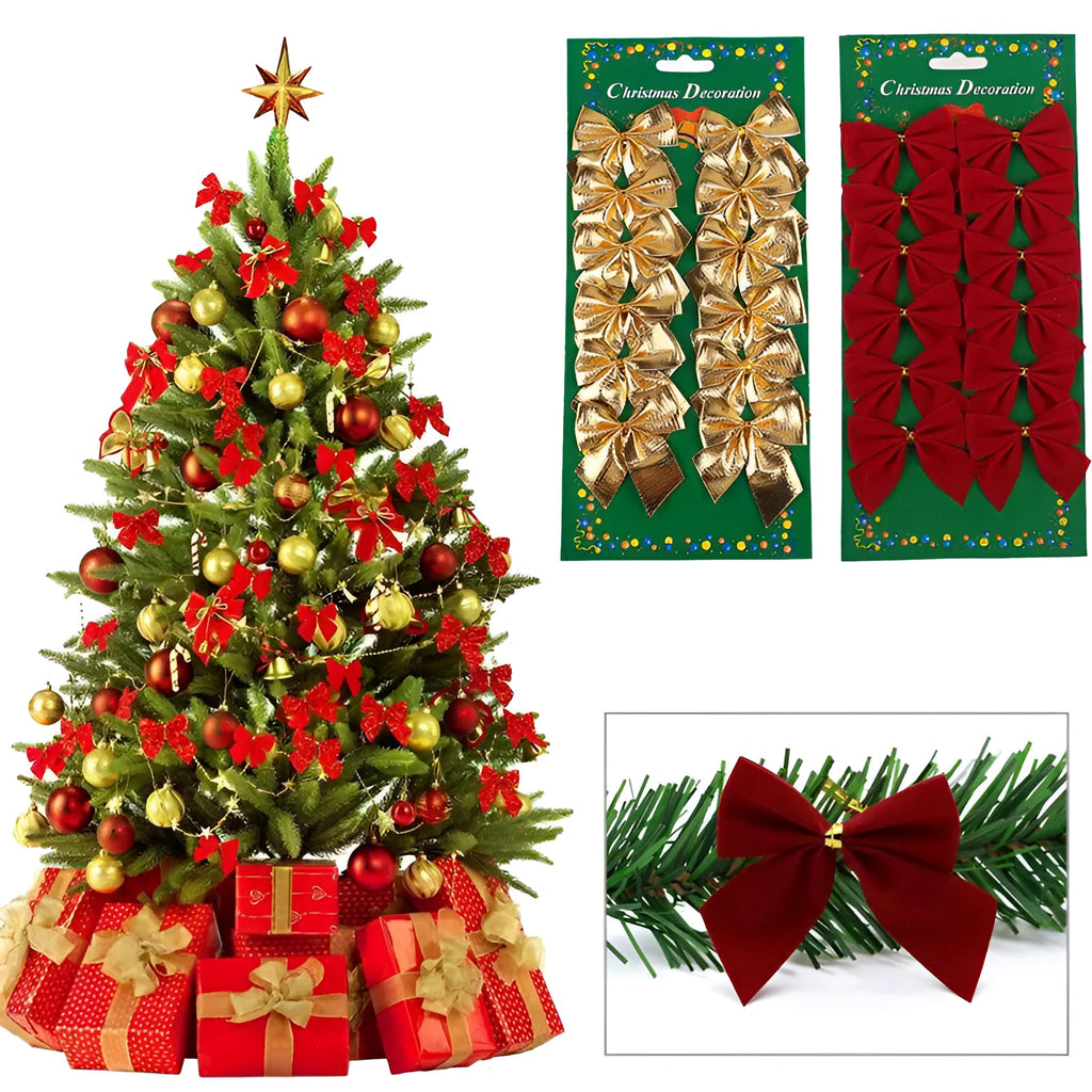 Red, gold, red gold, and silver 5 cm polyester Christmas decoration bows on a tree branch