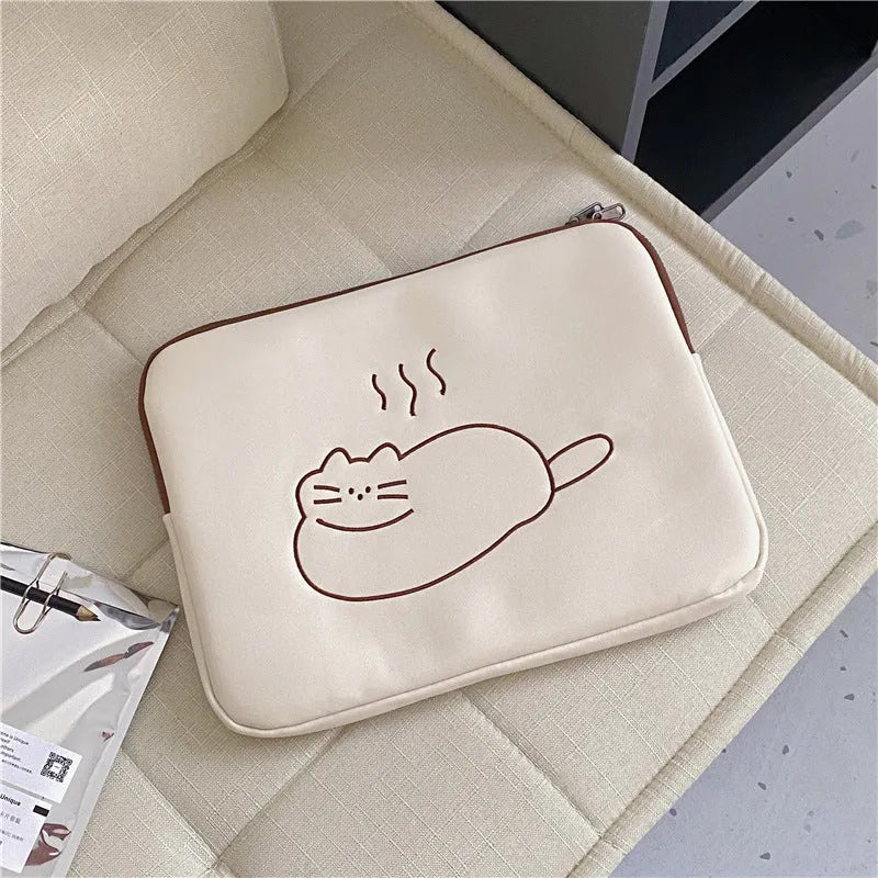 Fat cat embroidered protective sleeve for tablets, showing front zipper pocket and padded interior.