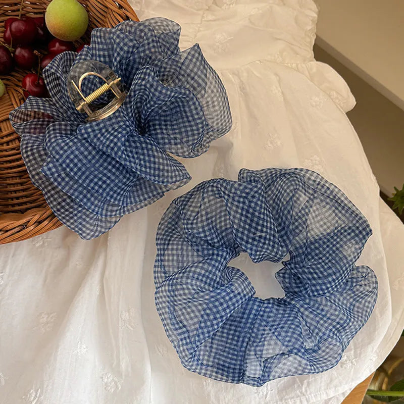 Handmade Tibetan blue grid seersucker back head shark clip hairpin for women irregular mixed material design