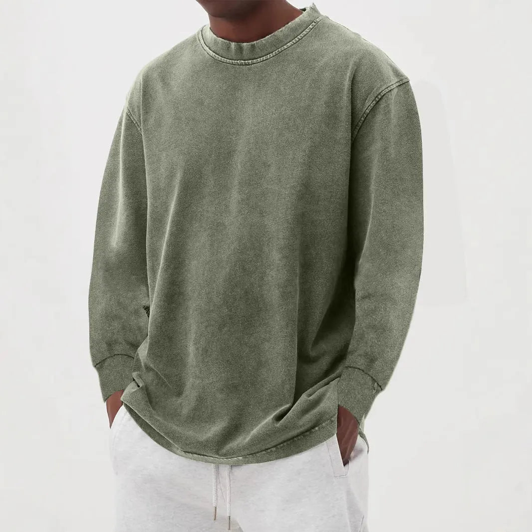 Men's washed old solid colour long-sleeved slim fit T-shirt on a hanger.