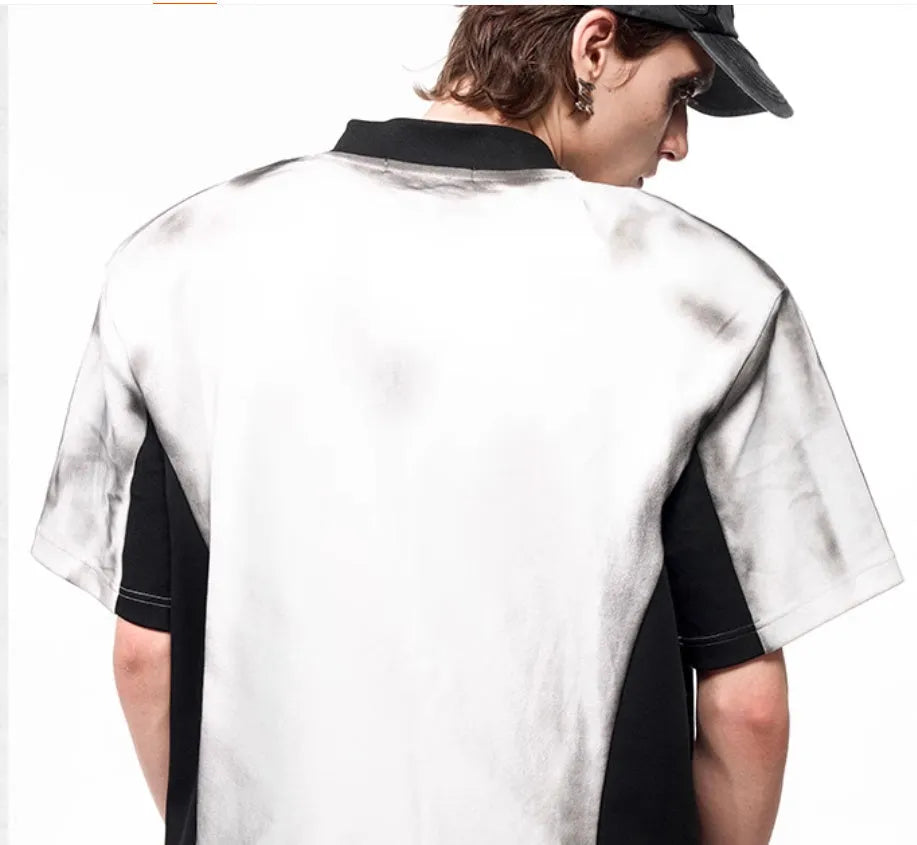 Korean style V-neck short sleeve T-shirt with snake letter pattern print and padded shoulders