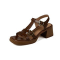 Women's black retro sandals with a chunky heel, platform, and T-shaped buckle fastening.