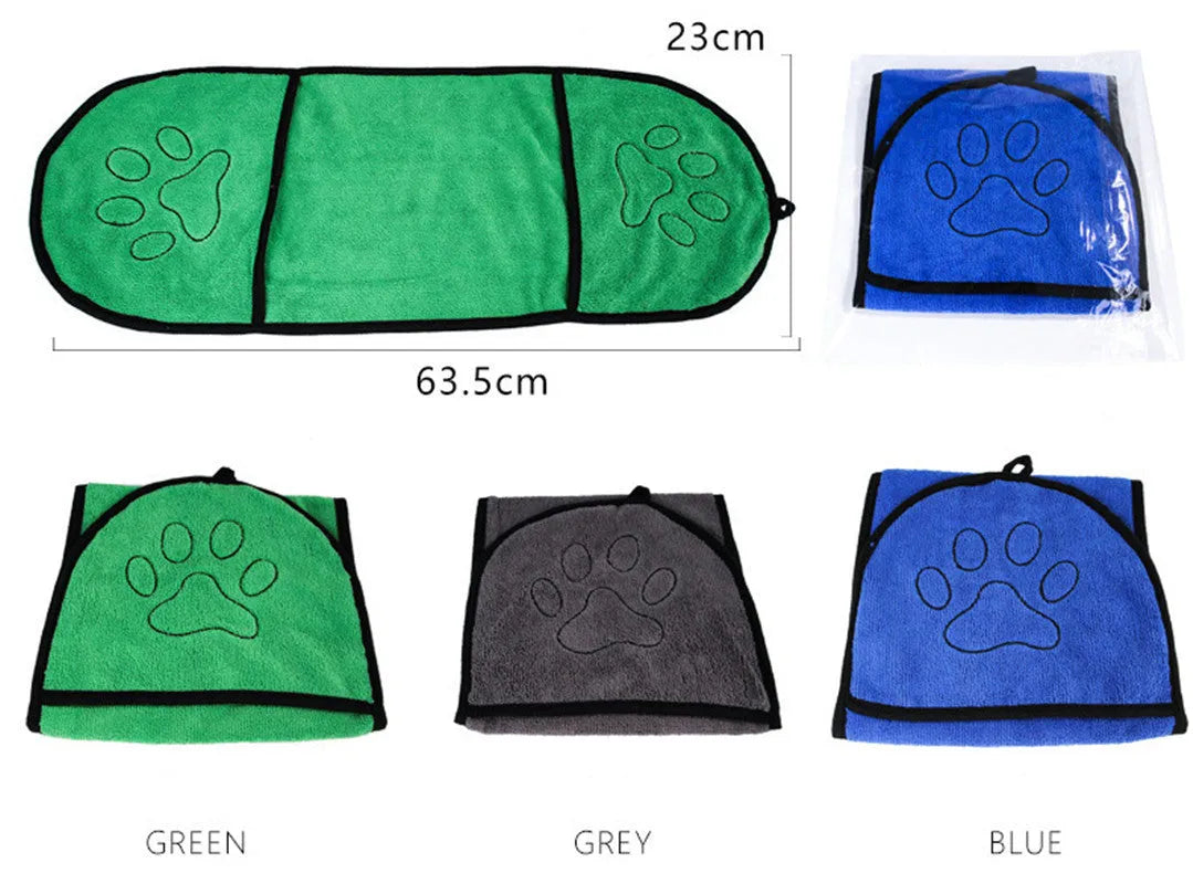 Pet absorbent dog bath towel in blue, green, and grey plain design drying a dog after bath