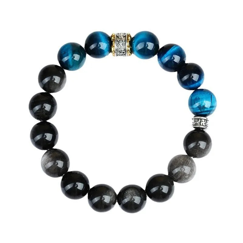 Natural peacock blue Tigereye silver stone bracelet with geometric round design
