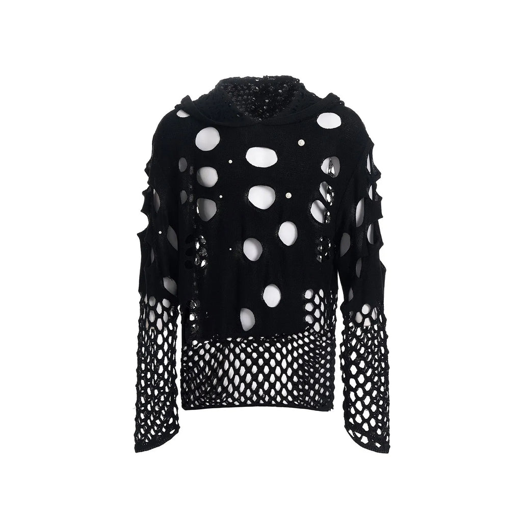 Black men's loose hoodie with a pearl decoration on the hood, shown on a model.