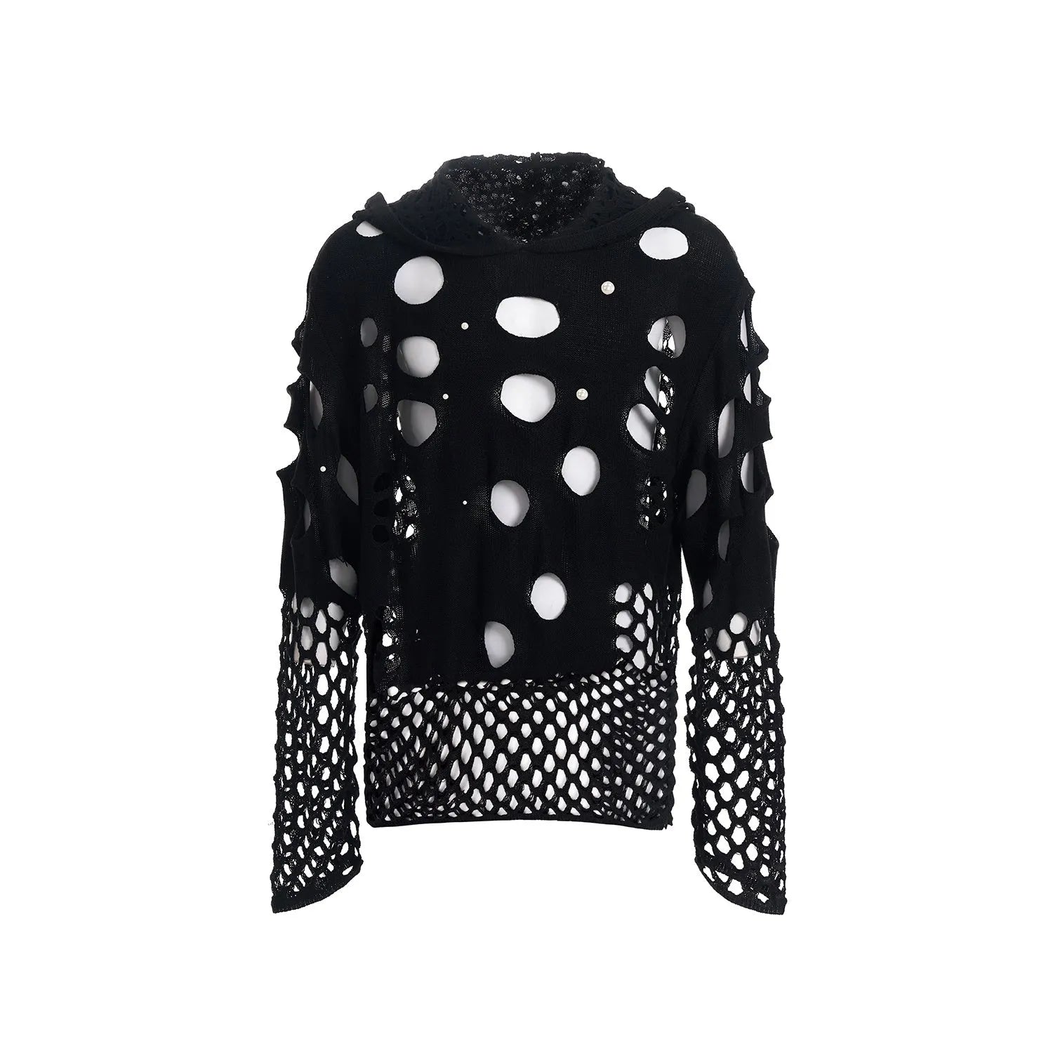 Black men's loose hoodie with a pearl decoration on the hood, shown on a model.