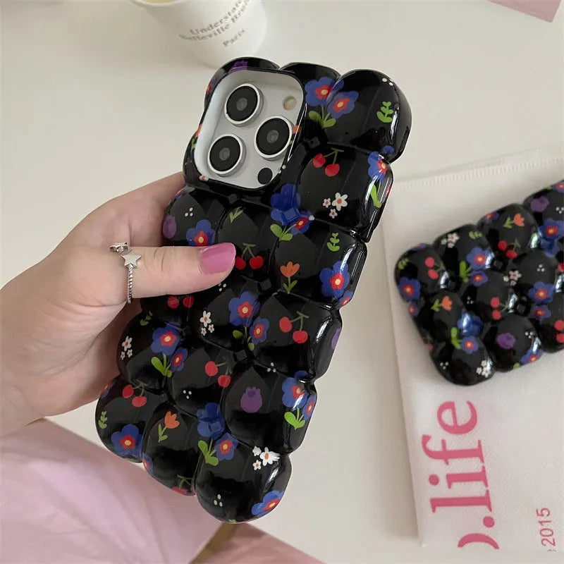 Retro cherry floral plaid TPU phone case for iPhone on black background