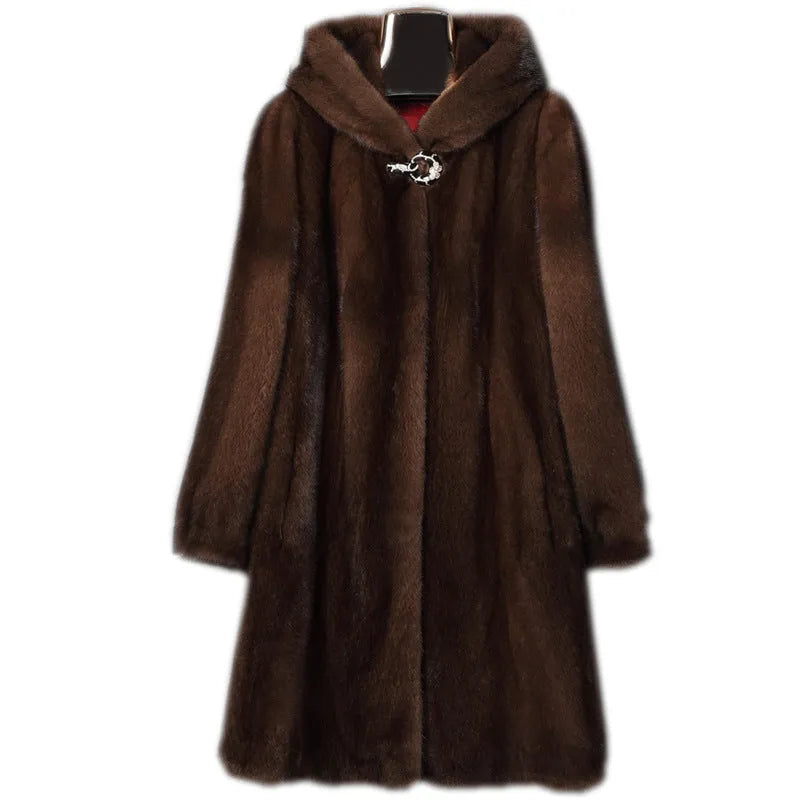 Women's black faux fur hooded coat with regular sleeves for autumn winter street fashion wear