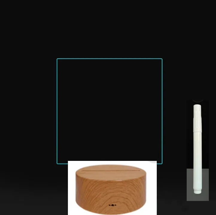 3D acrylic LED message board with touch control, black ABS base, USB cable, and stylus pen on desk