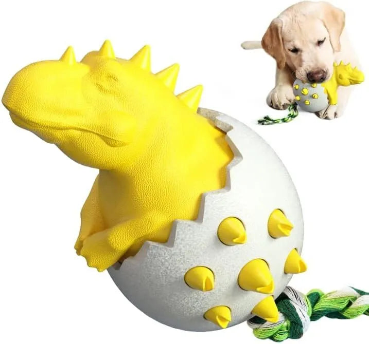 Blue dinosaur-shaped dog chew toy with textured nubs and an attached rope for aggressive chewers.