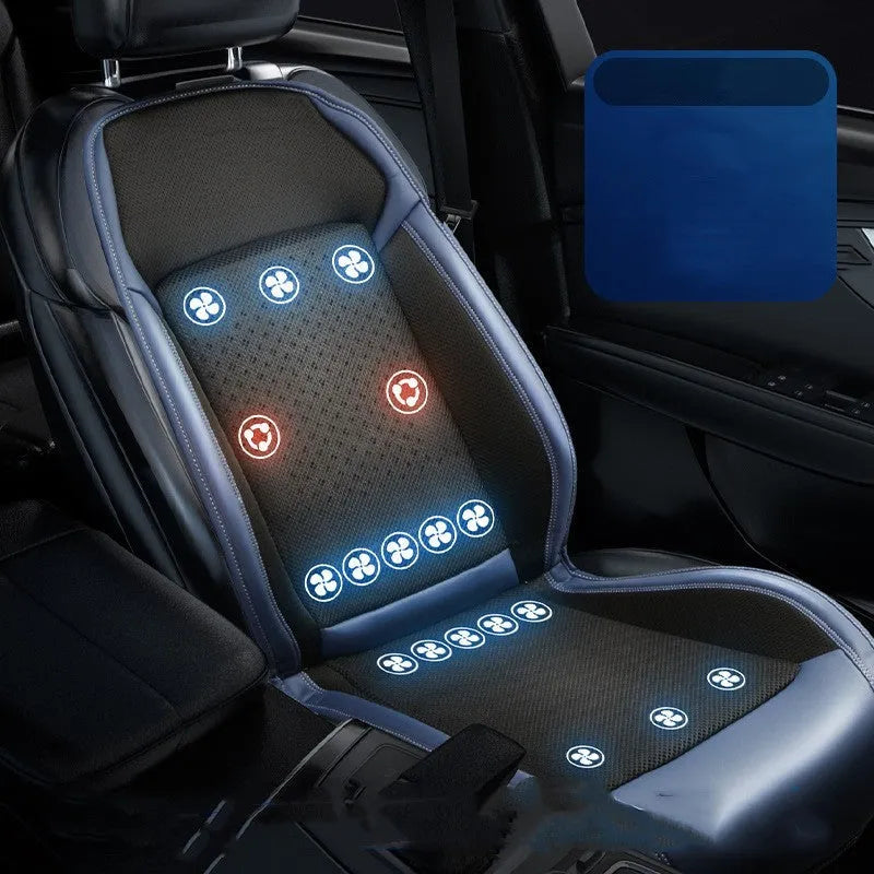 Black car seat cooling pad with USB cable connected for refrigeration and massage functions