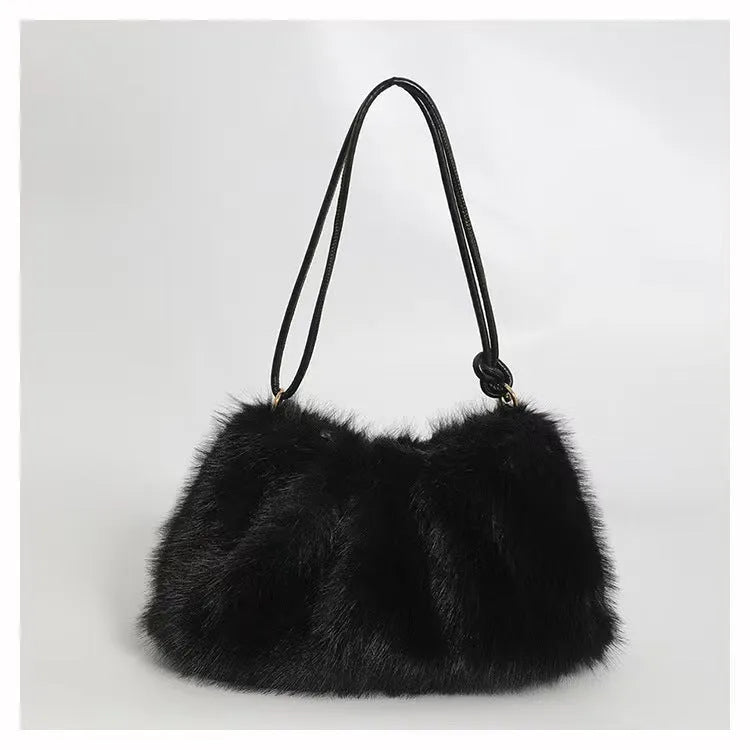 Soft plush underarm bag for women in khaki with single shoulder strap and compact 35x17x9cm size