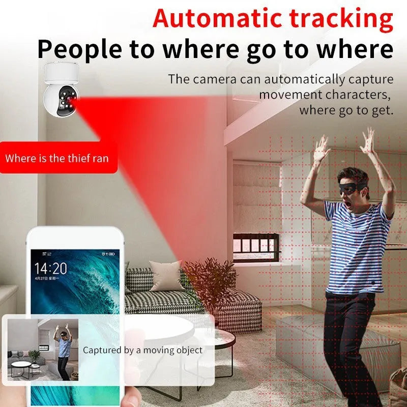 White wireless indoor security camera with 360-degree rotation capability on stand