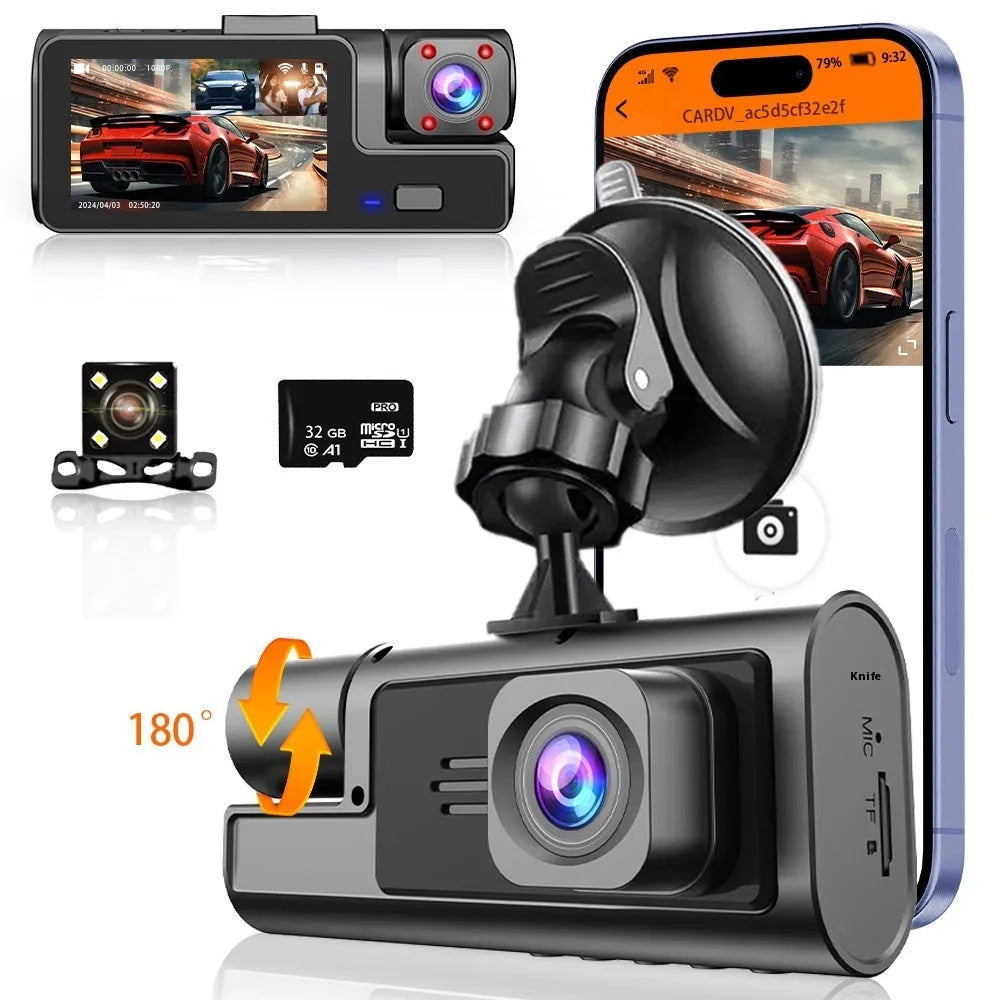 Black car dash cam with 2-inch screen mounted on windscreen, showing live reversing camera feed.
