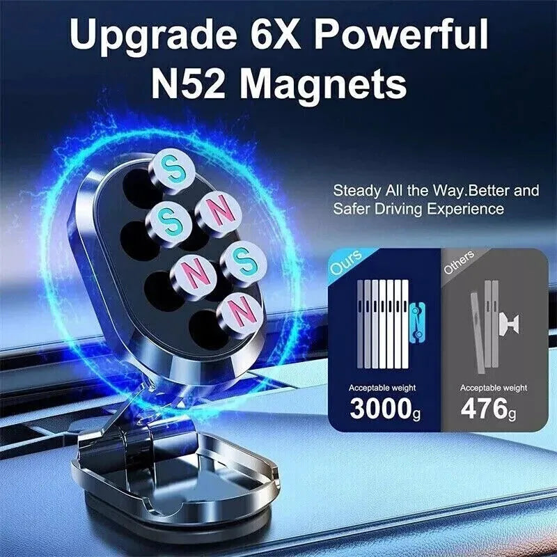 Chrome magnetic car phone holder with foldable bracket on a dashboard