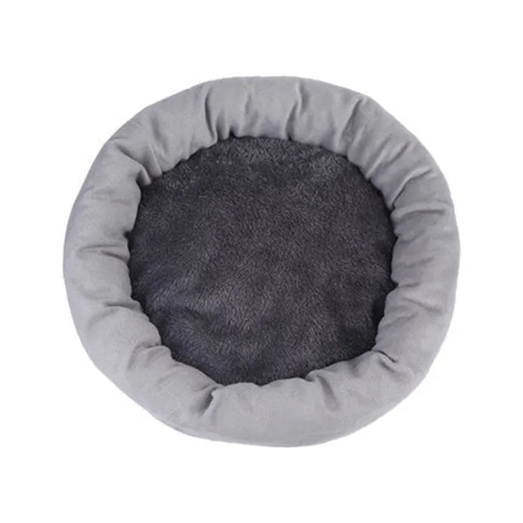 Circular dog bed with PP cotton filling in light grey colour showing measured diameter and optional pillow