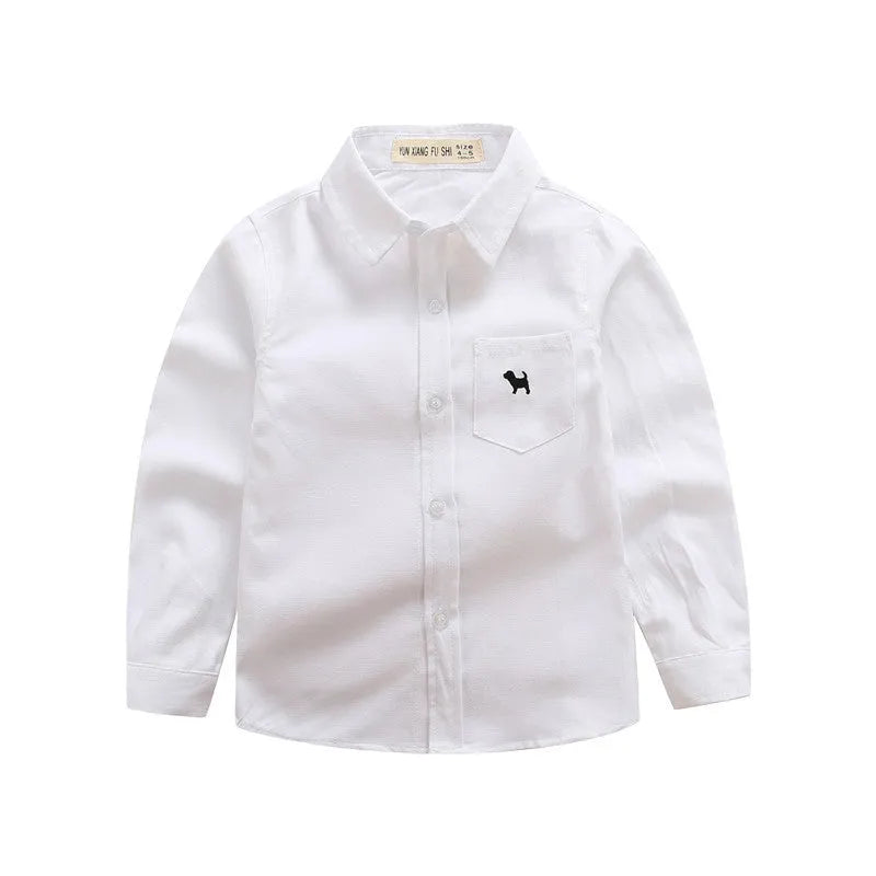 Boy's blue long-sleeved cotton shirt with lapel collar shown on a hanger.