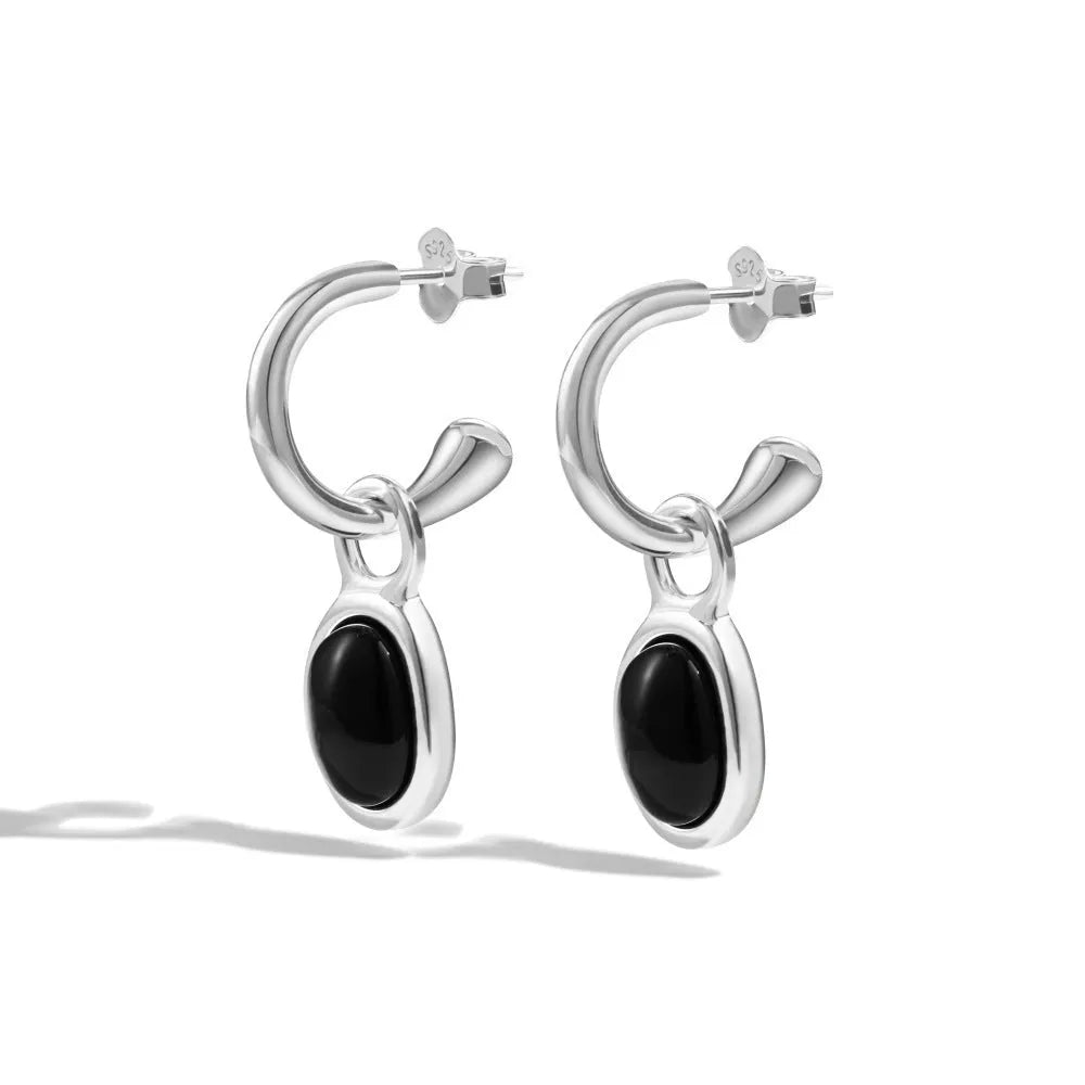 S925 sterling silver stud earrings with black agate in geometric ellipse shape silver colour