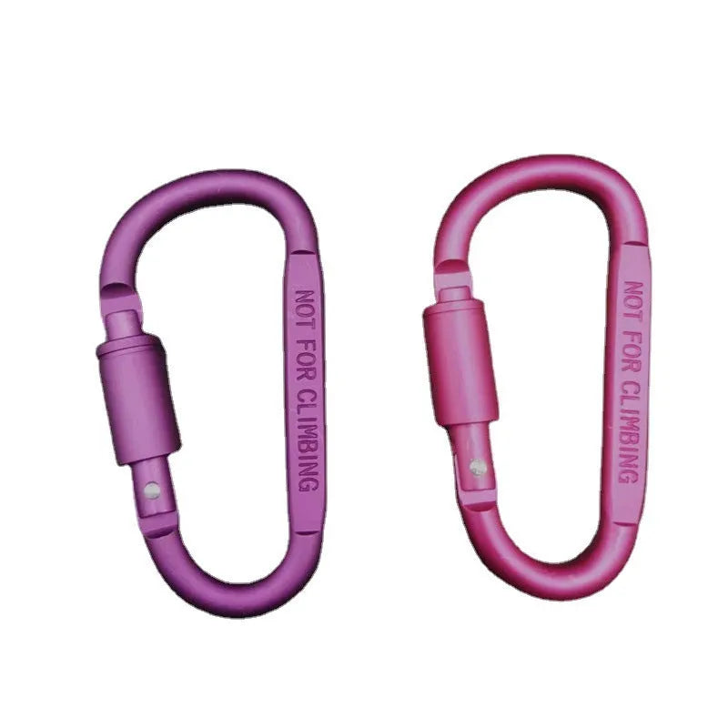 D-type aluminium locking carabiner in a selection of ten colours on a grey background.