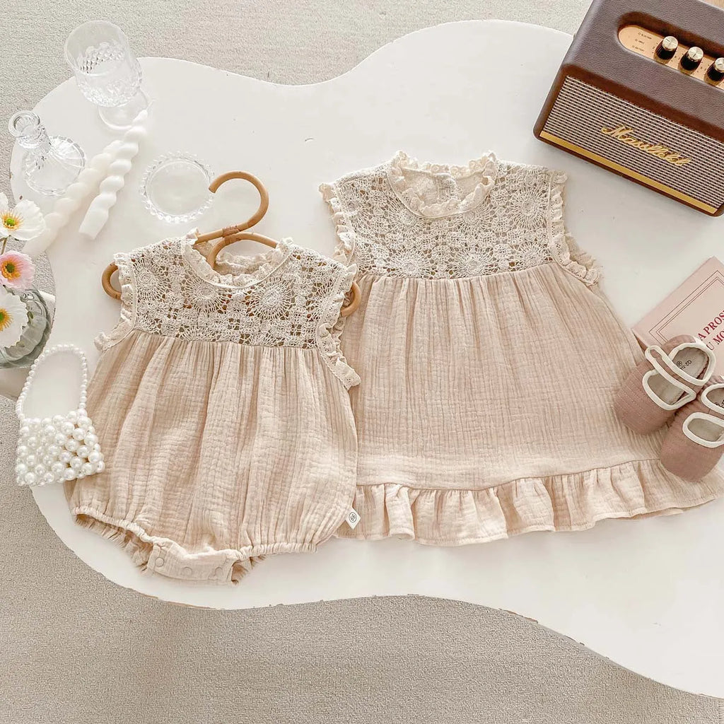 Baby girl cotton waffle lace romper in white with pullover style, suitable for 66-130cm height