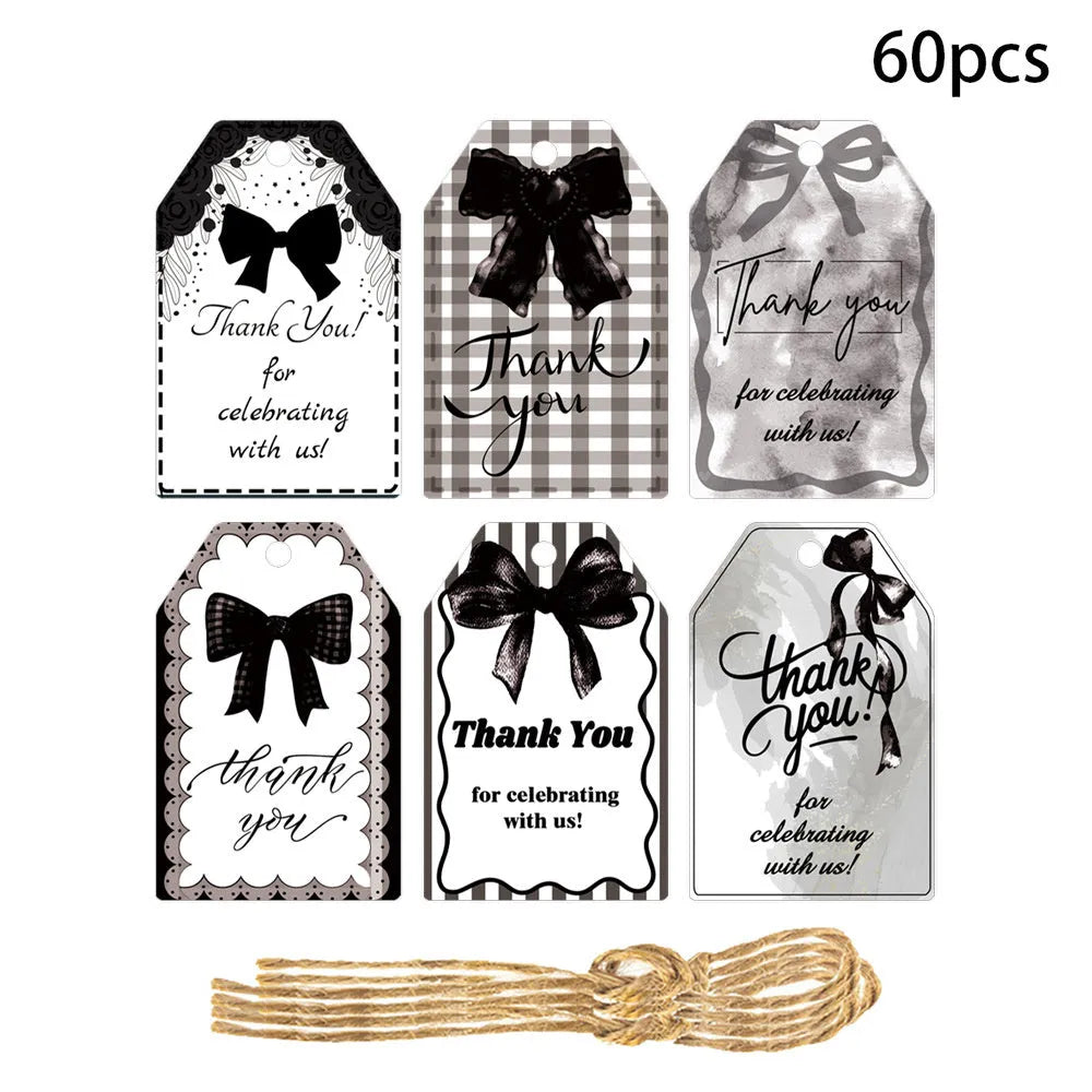 Set of 60 birthday gift tags with bowknot designs and natural hemp rope in three style variations