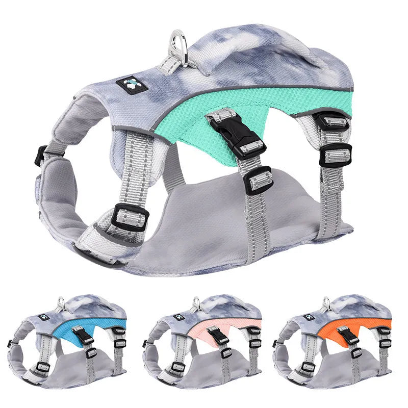 Reflective light blue dog chest strap showing size and polyester material.