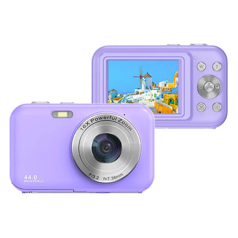Children's digital camera in purple showing its 2.4-inch screen and lens.