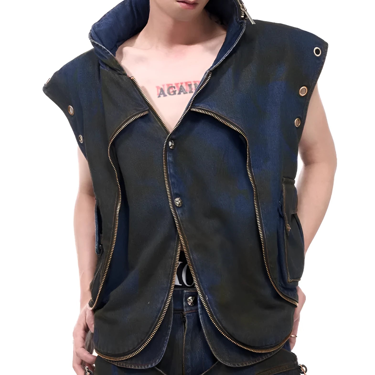 Blue hooded denim vest coat with matching trousers in Korean heavy industry deconstructs style