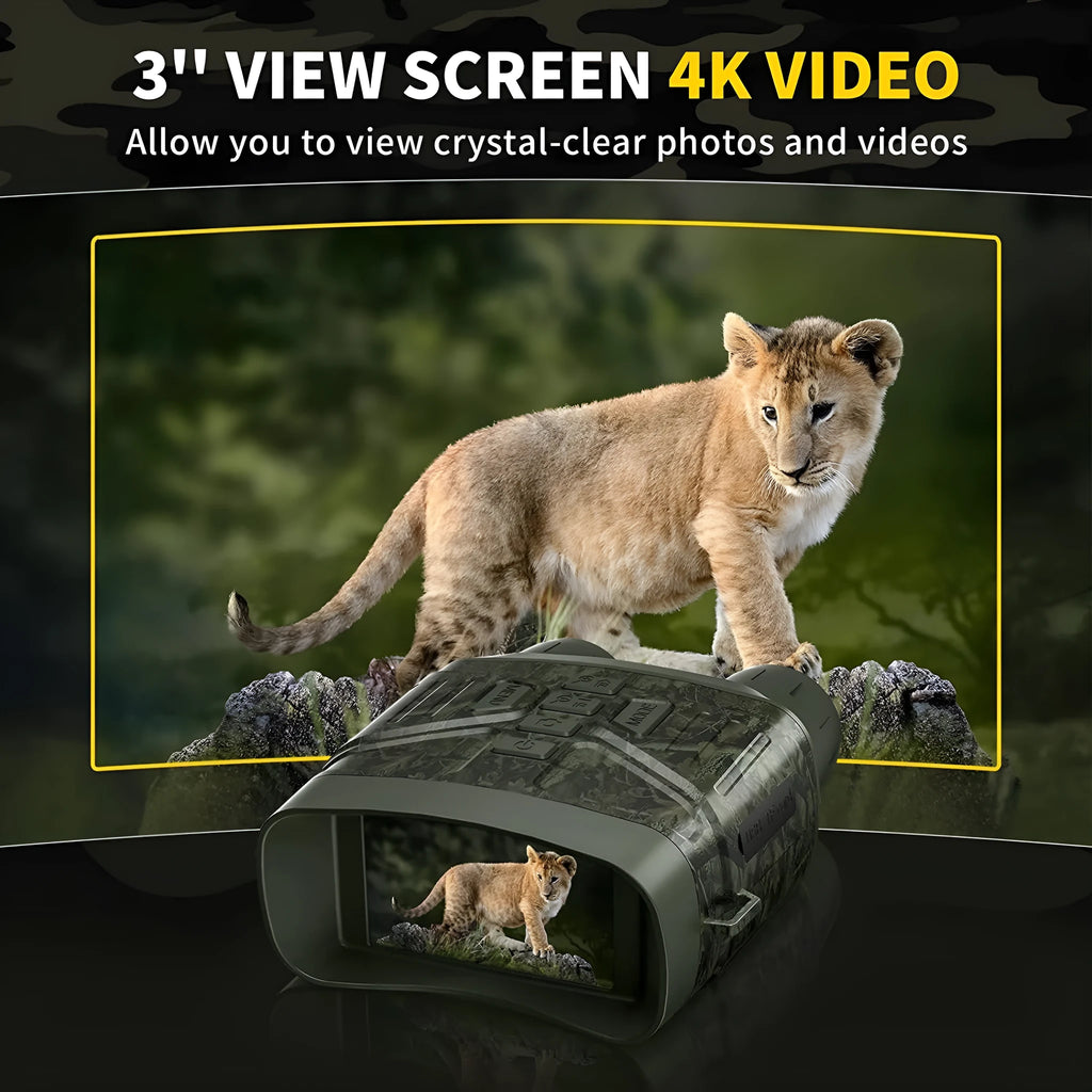 Black 4K night vision instrument with 3-inch screen showing night vision display