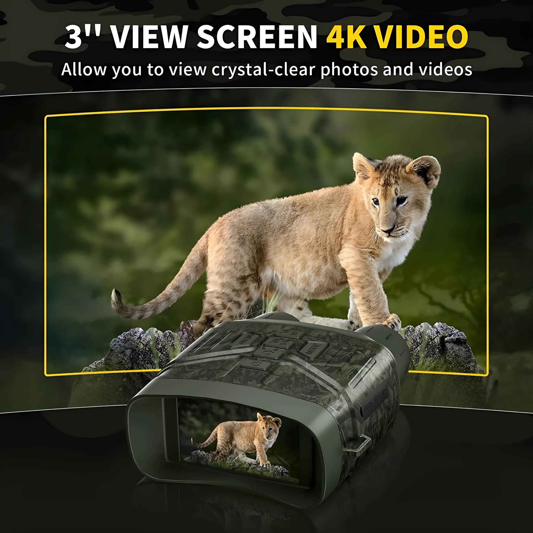 Black 4K night vision instrument with 3-inch screen showing night vision display