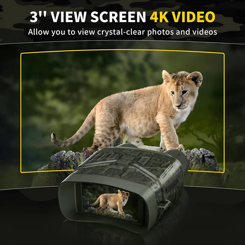 Black 4K night vision instrument with 3-inch screen showing night vision display