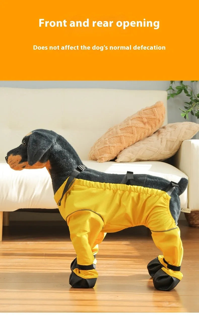 Pet anti-dirty pants dog shoe cover in blue polyester, side view, casual style for outdoor use