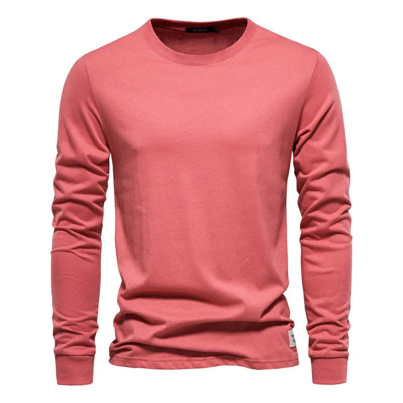 Men's solid colour long-sleeved cotton pullover top in khaki, loose fit, high street casual style