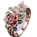 Adjustable fairy style ring with colourful oil drip butterfly and rose design on alloy metal