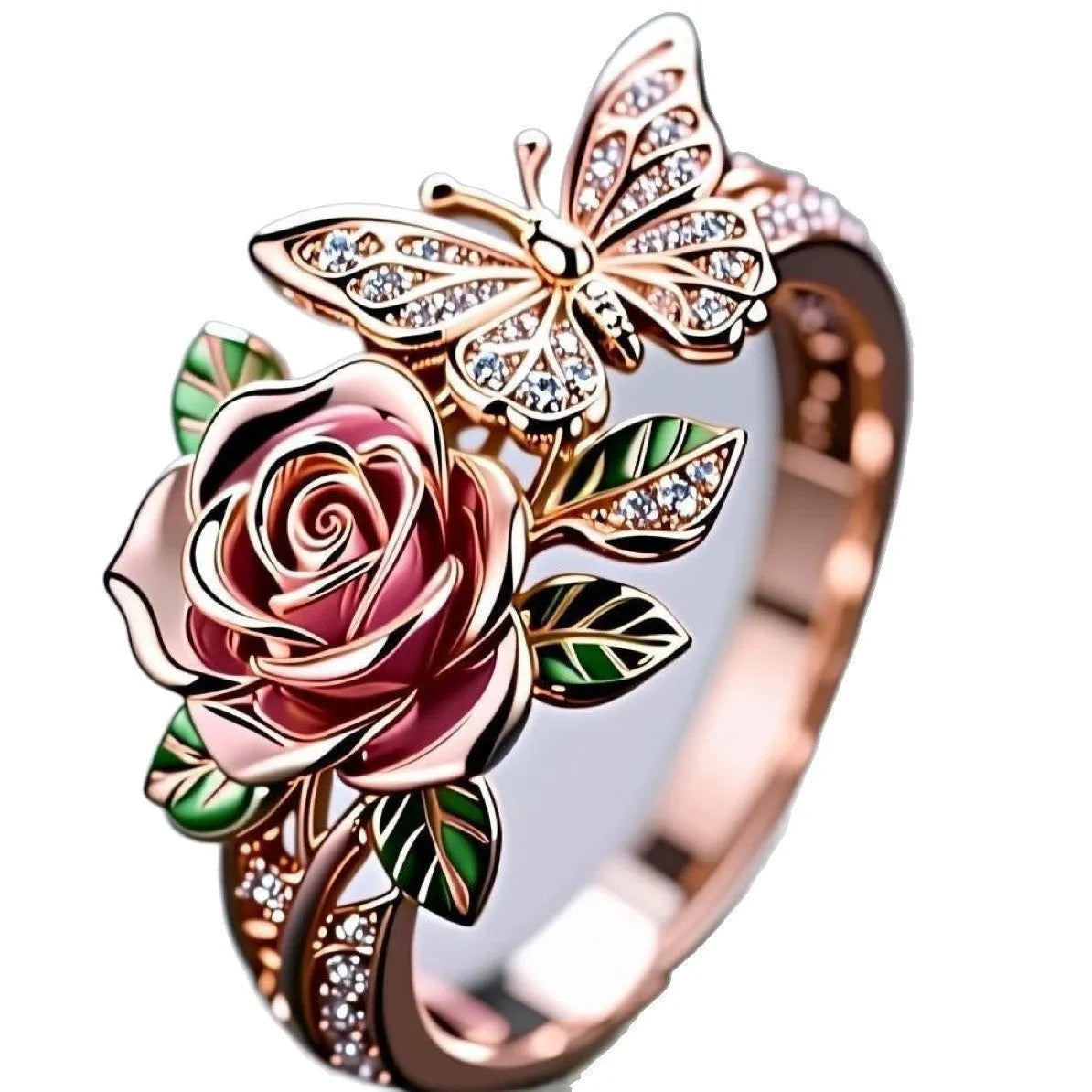 Adjustable fairy style ring with colourful oil drip butterfly and rose design on alloy metal