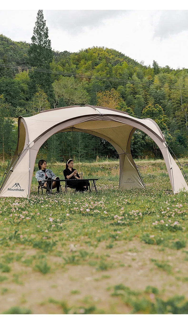 Outdoor dome canopy sunshade with ventilation, dimensions 410 cm by 230 cm, suitable for campsite use.