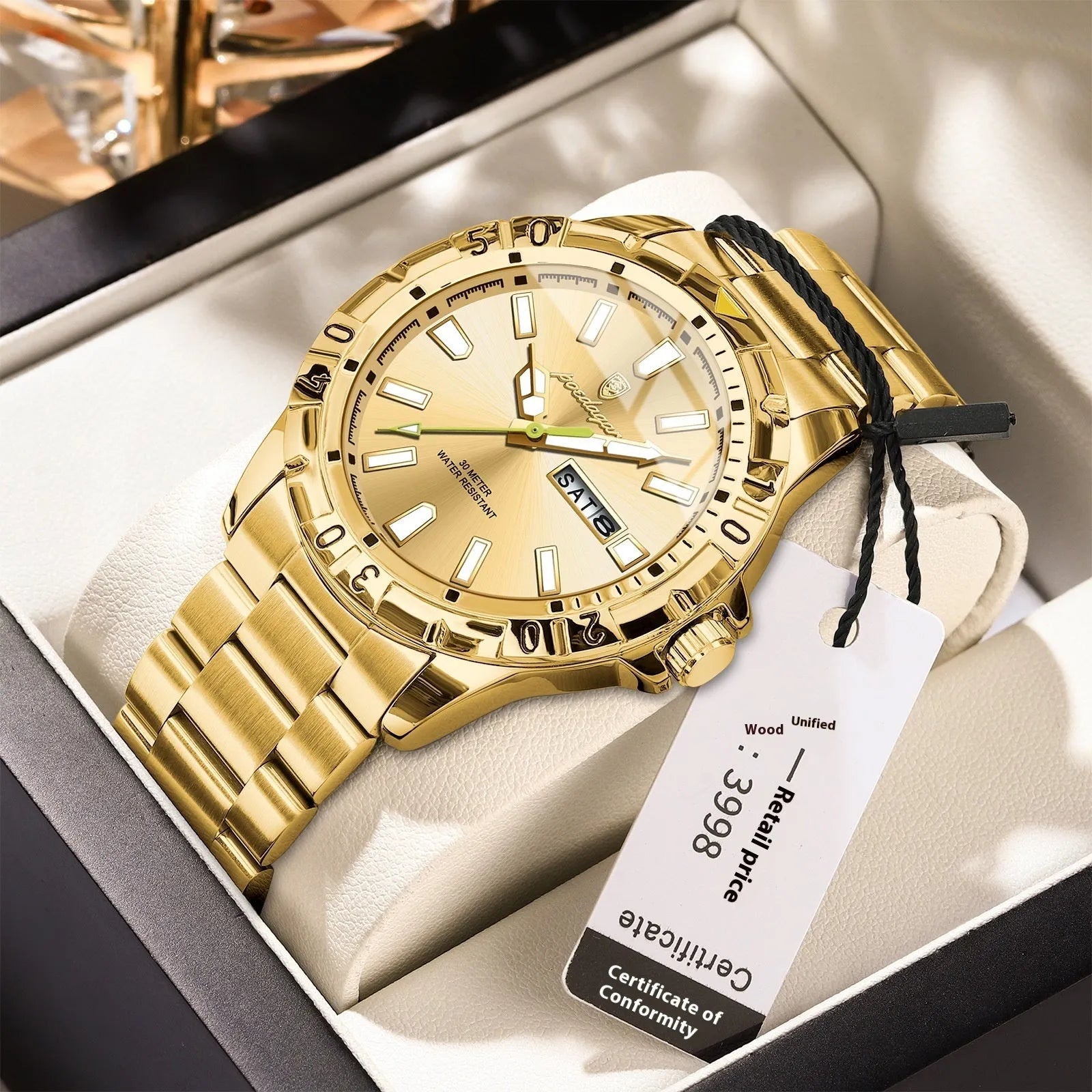 Swiss waterproof men's luminous watch with steel bracelet in gold, silver or black case options