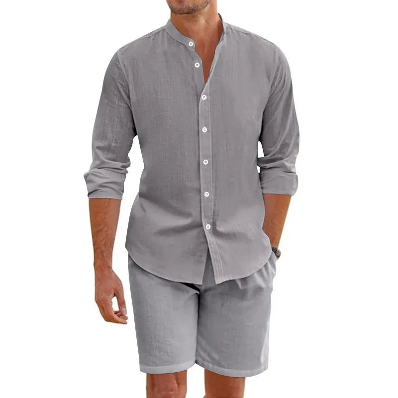 Men's dark gray linen-blend short sleeve shirt and matching drawstring shorts set for summer