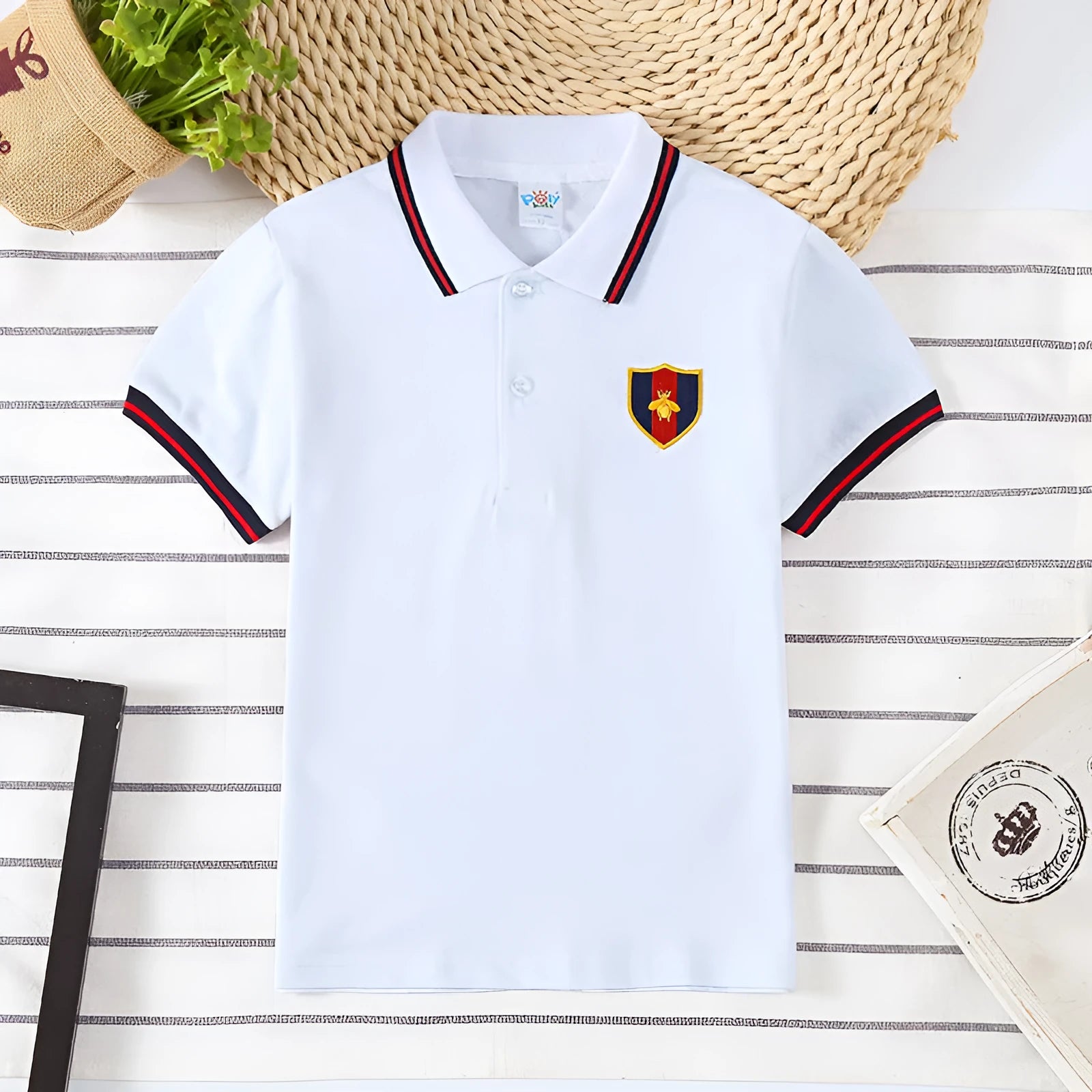 Boys' short sleeve cotton T-shirt with lapel collar in solid colours for ages 3-8 years