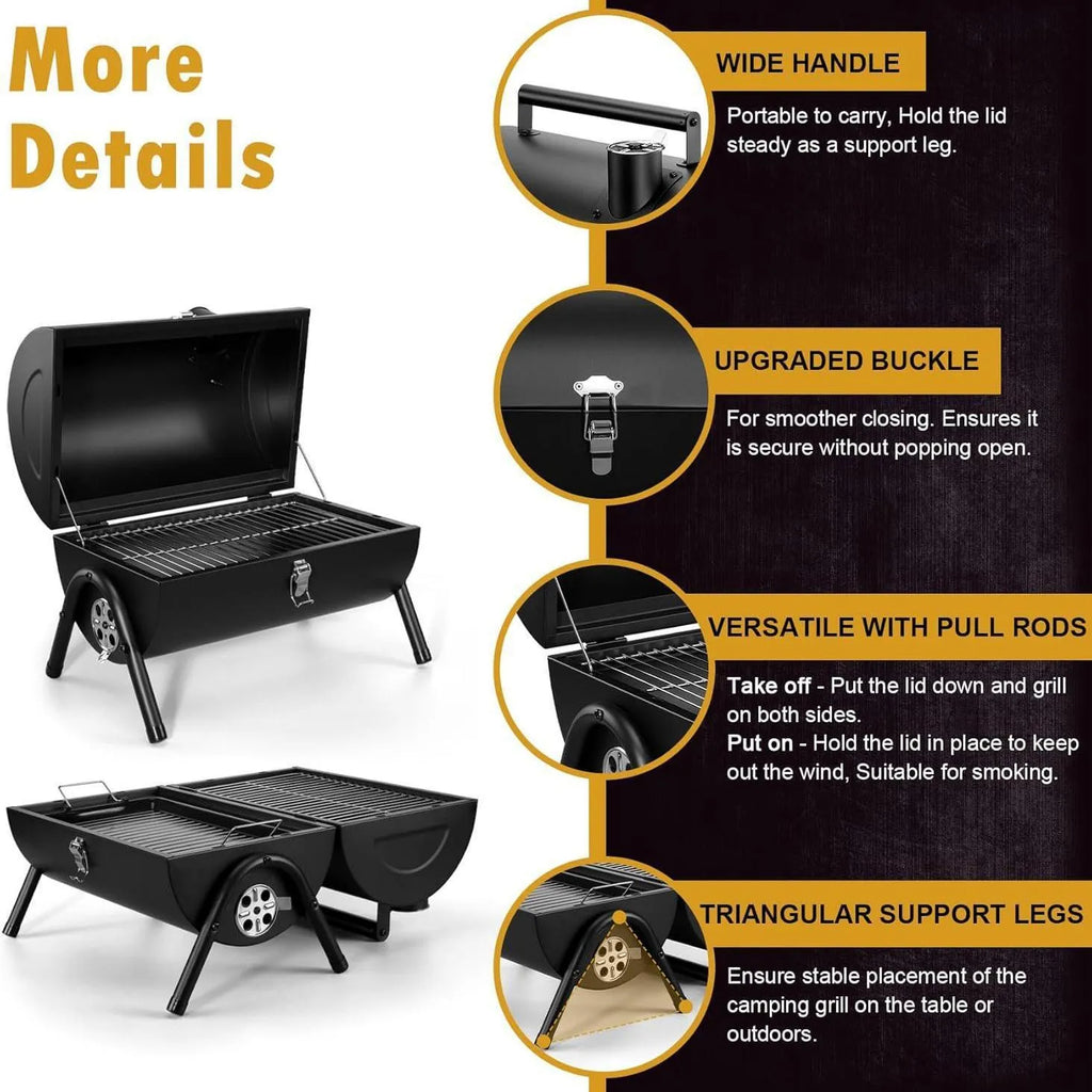 Small metal folding barbecue grill with charcoal fuel, shown on a tabletop.
